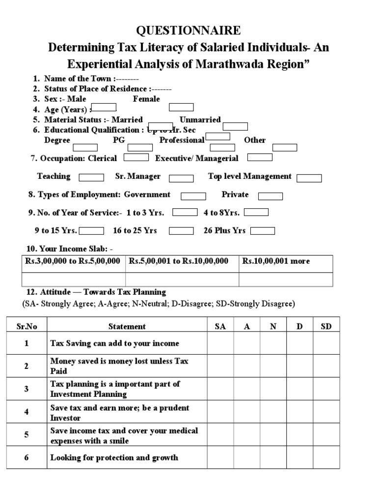 Questionnaire Objective Tax Deduction Taxes