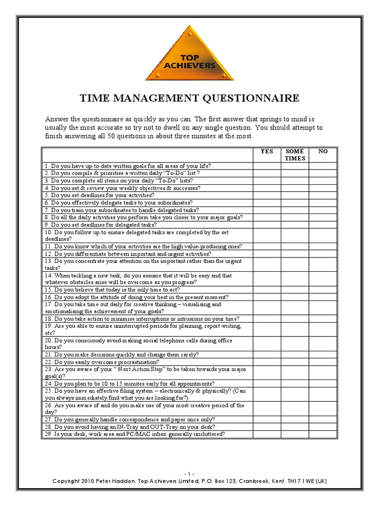 Time Management Questionnaire Time Management Psychology