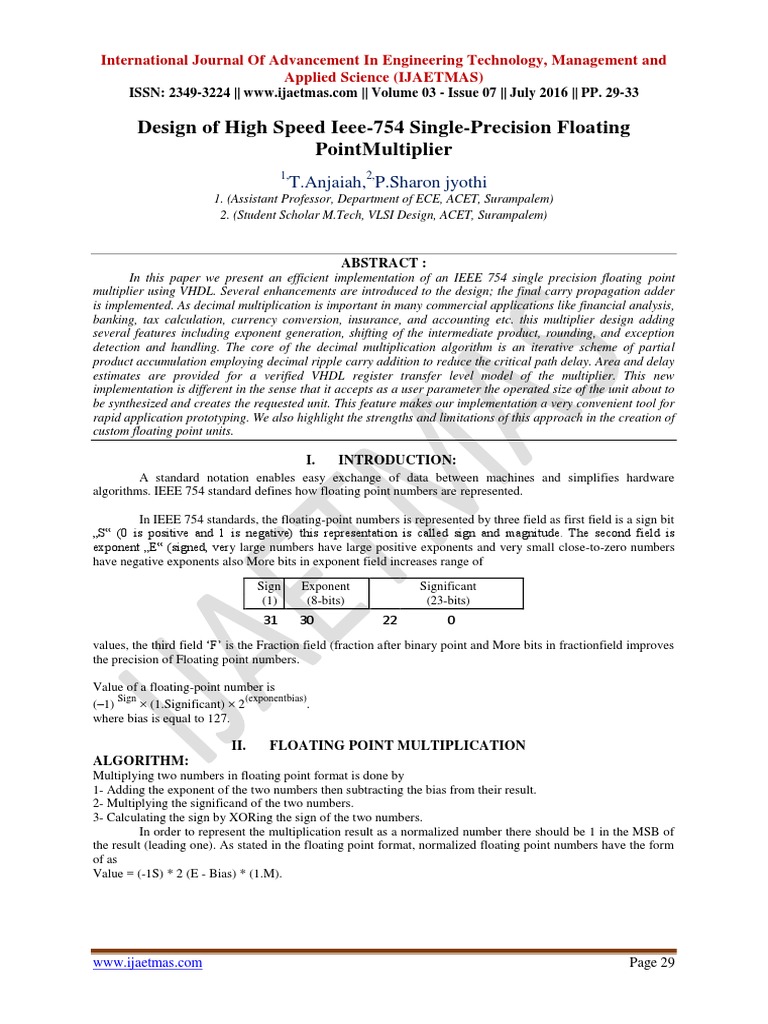Design of high speed ieee 754 single precision floating point