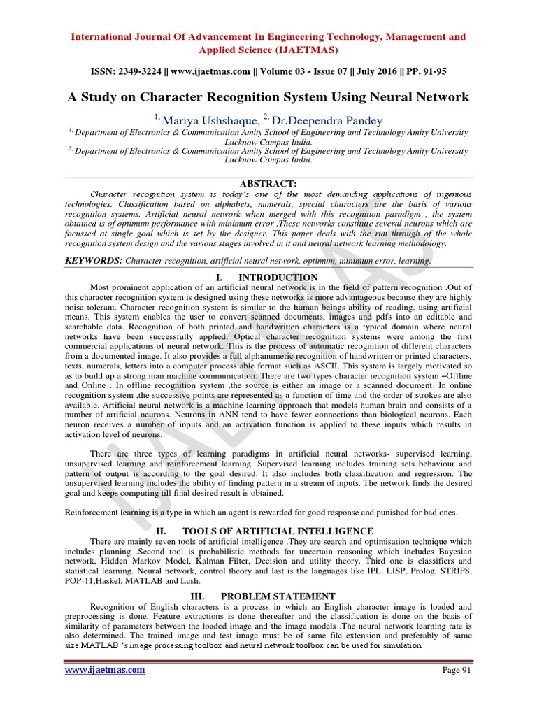 A Study On Character Recognition System Using Neural Network | PDF ...