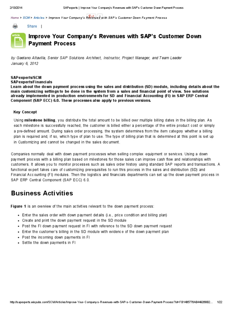 Improve Your Company's Revenues With SAP's Customer Down Payment