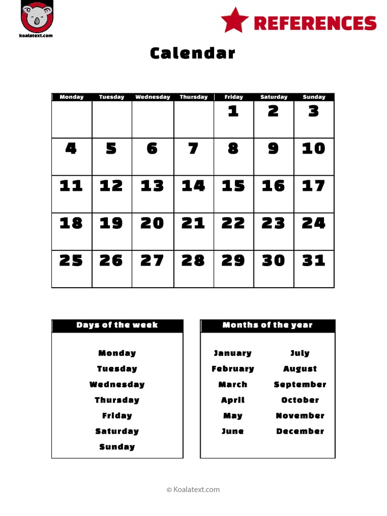 Calendar Days of The Week Months of The Year PDF