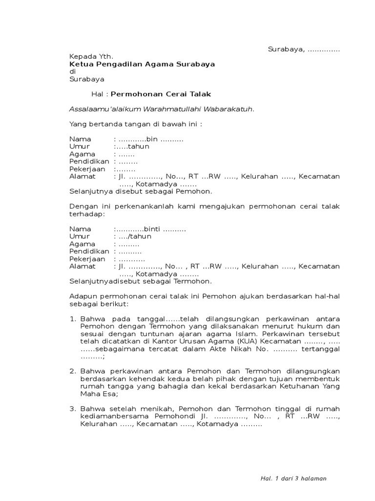 Contoh Format Cerai Talak
