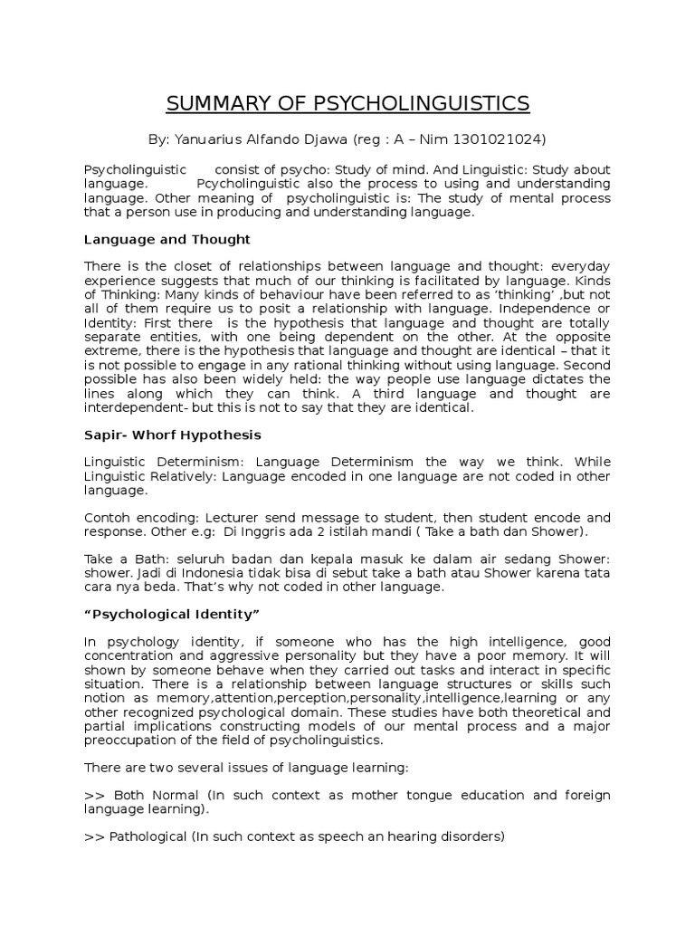 Overview of Psycholinguistics Concepts | PDF | Perception | Aphasia