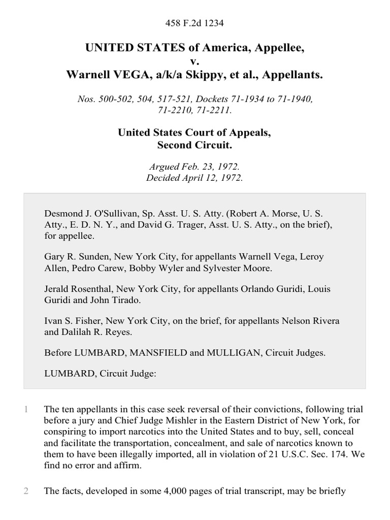 United States V Warnell Vega A K A Skippy 458 F 2d 1234 2d Cir 1972 Pdf Prejudice Legal Term Supreme Court Of The United States