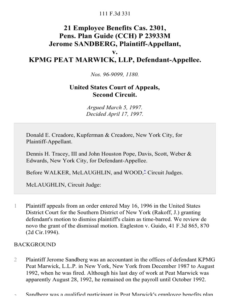 21 Employee Benefits Cas. 2301, Pens. Plan Guide (CCH) P 23933m Jerome Sandberg v. KPMG Peat