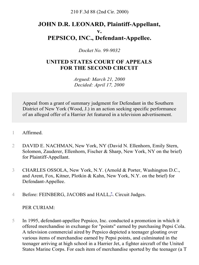 John D.R. Leonard v. Pepsico, Inc., 210 F.3d 88, 2d Cir. (2000) PDF