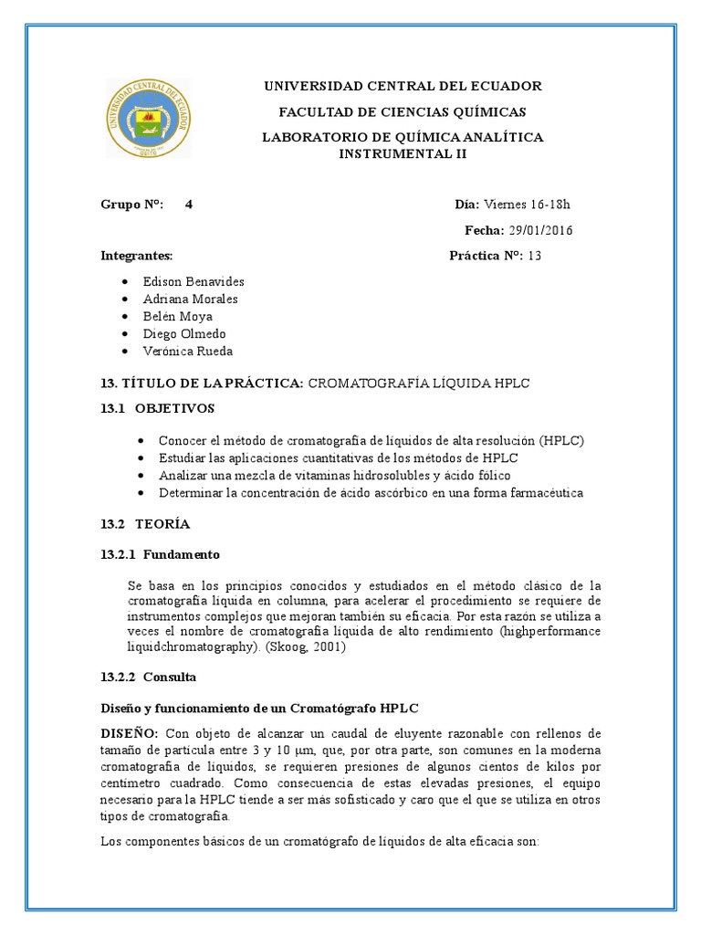 Informe Hplc Cromatografia Liquida De Alto Rendimiento Cromatografia