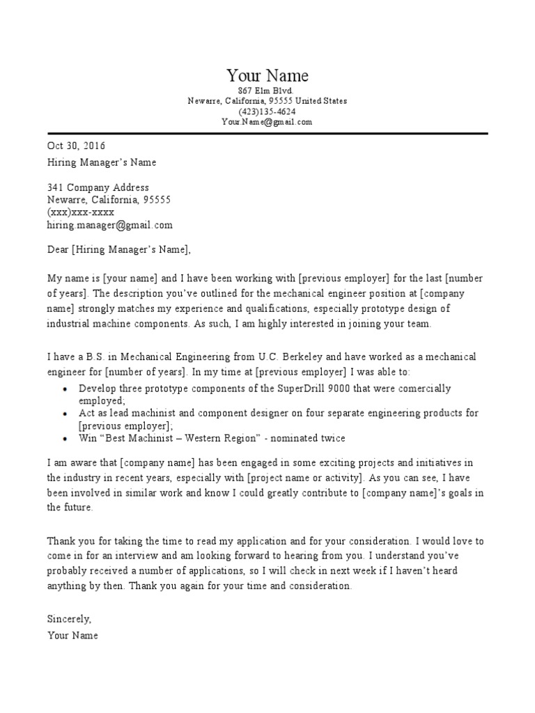 engineer position cover letter example