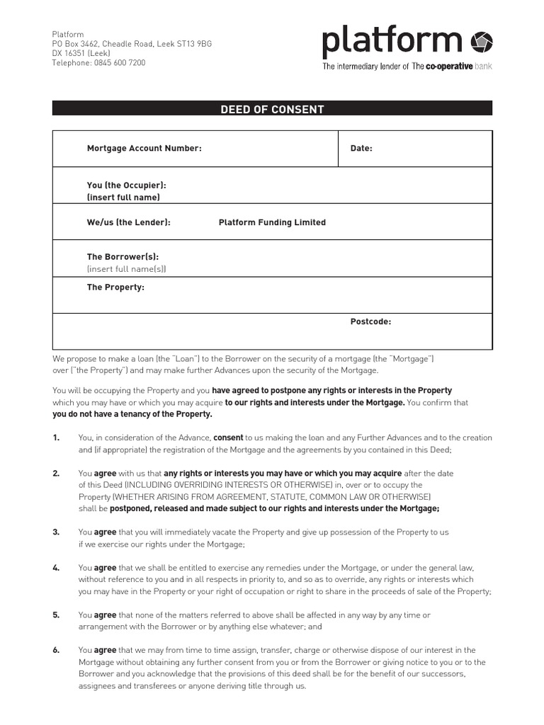 Deed of Consent Platform Mortgage Loan Interest