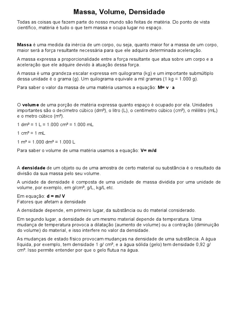 Massa, Volume e Densidade 9º Ano | PDF | Densidade | Matéria