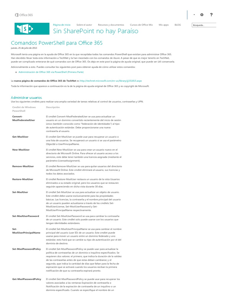 Comandos PowerShell para Office 365 - Sin SharePoint No Hay Paraíso | PDF |  Directorio Activo | Autenticación