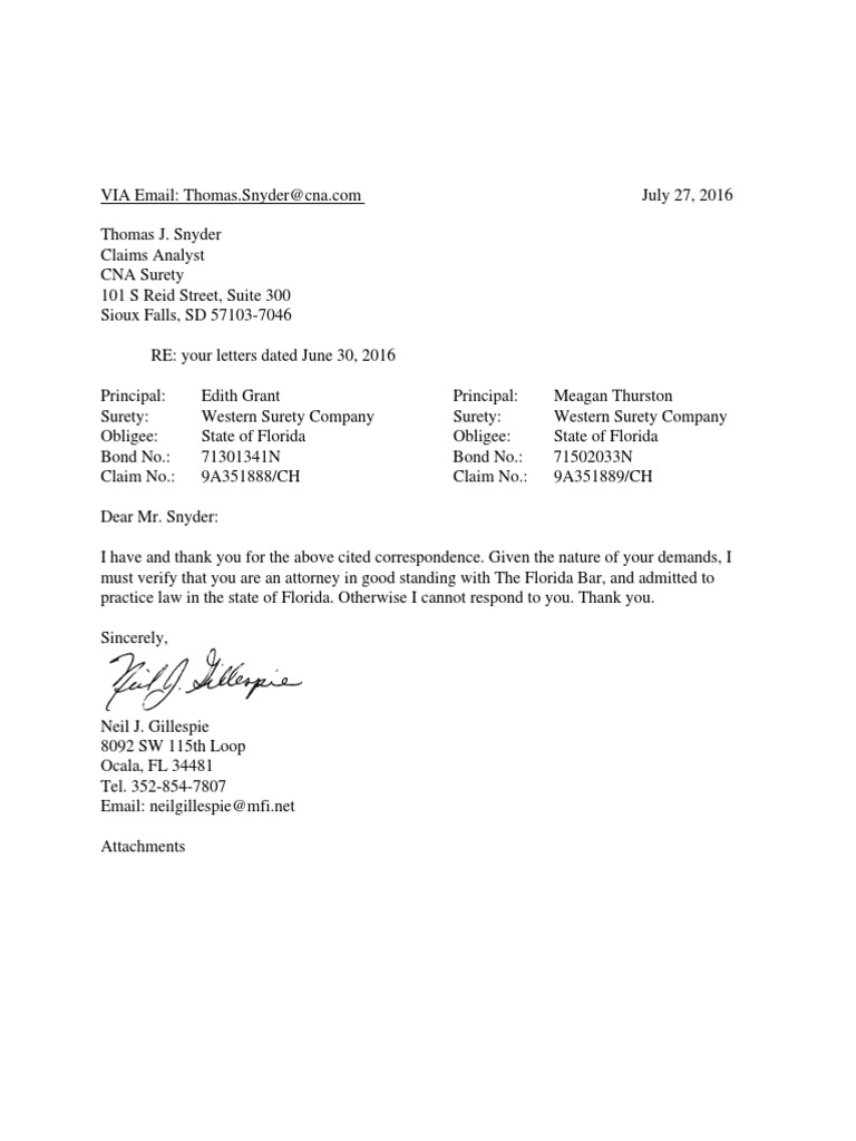 Letter to CNA SuretyThomas SnyderClaims Analyst Jul272016 Surety
