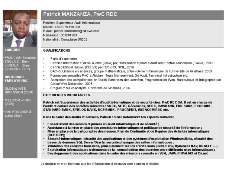CV de Patrick Manzanza - PwC RDC | PDF