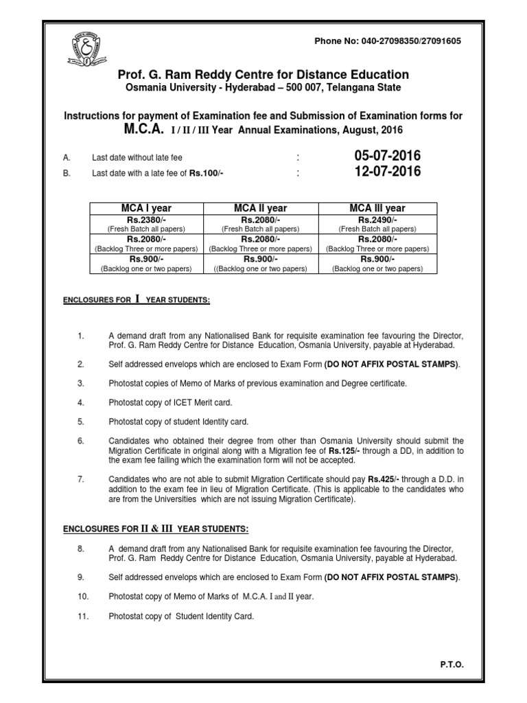 Prof. G. Ram Reddy Centre For Distance Education PDF Test (Assessment) Fee