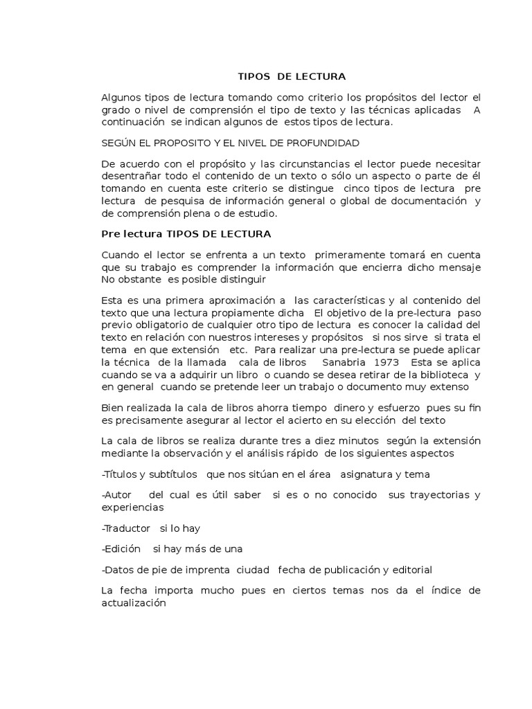 Tipos de Lectura y sus Propósitos | PDF | Lectura (proceso) | Comprensión