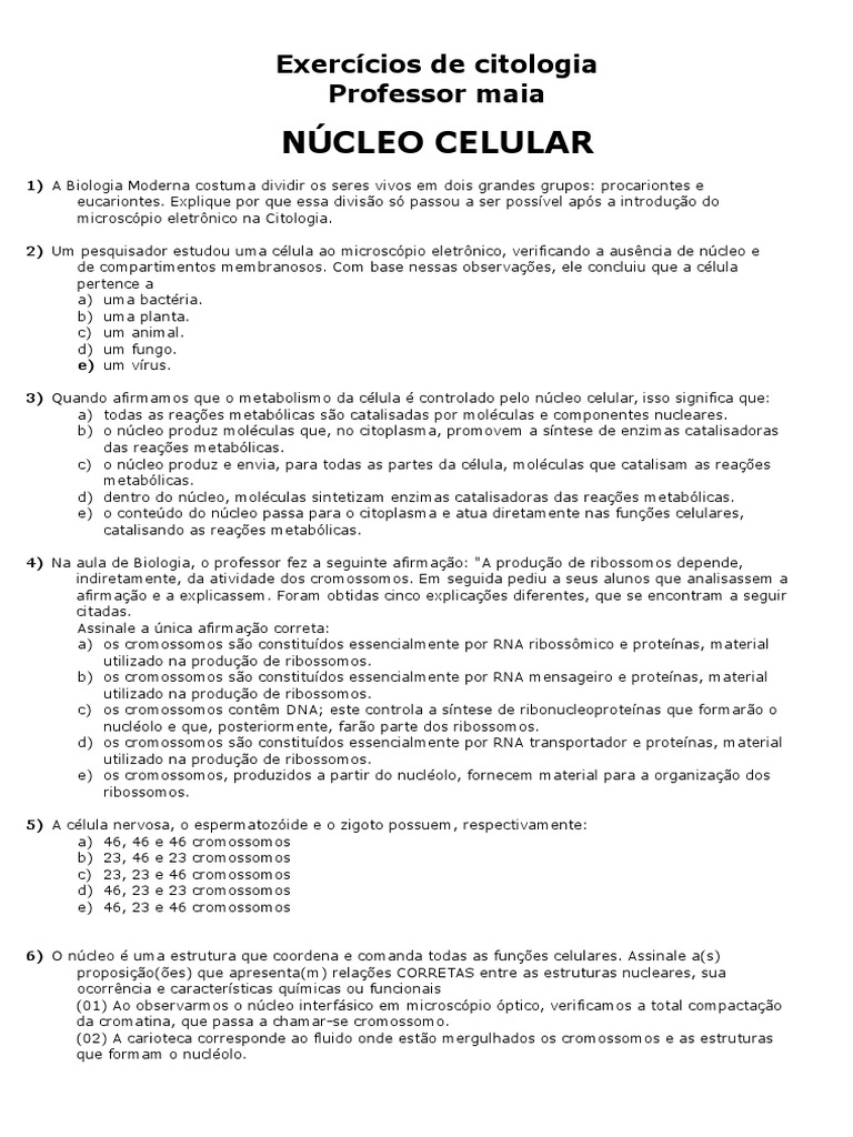 Exercícios sobre Núcleo Celular | PDF | Mitose | Meiose