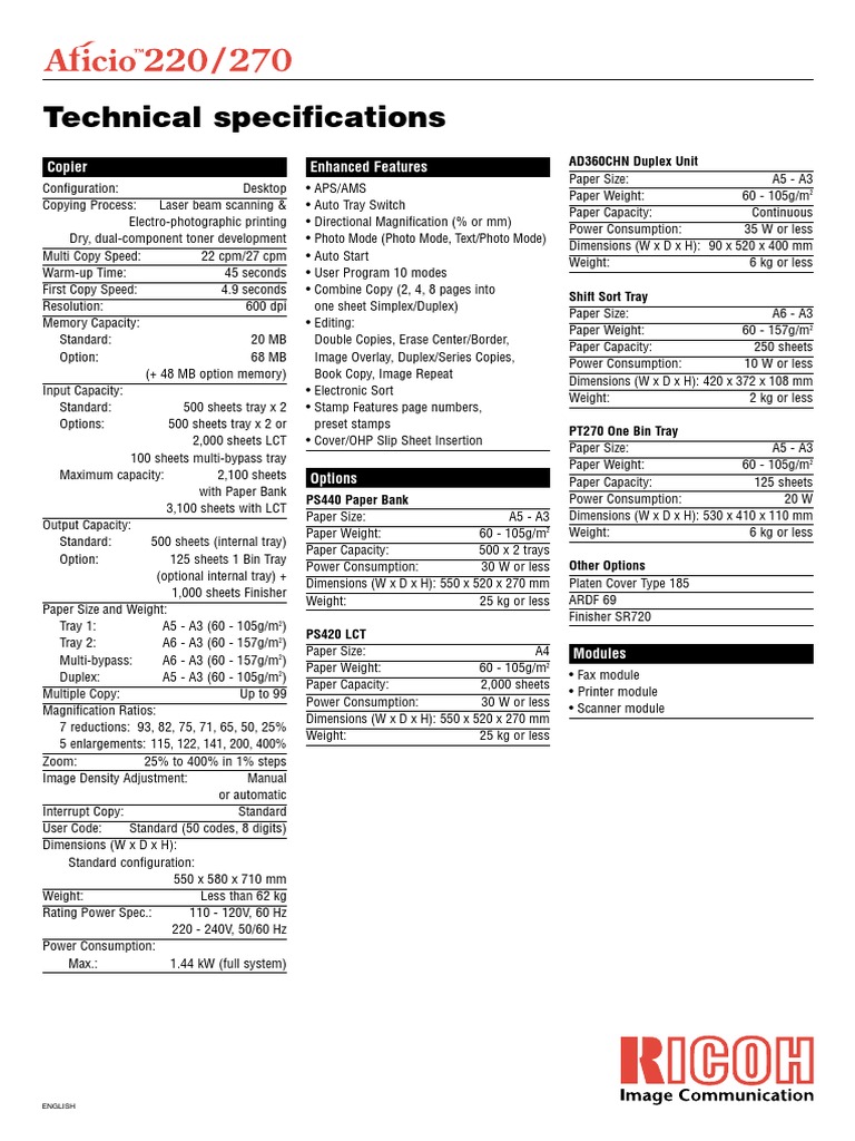 Technical Specifications: Enhanced Features Copier | PDF