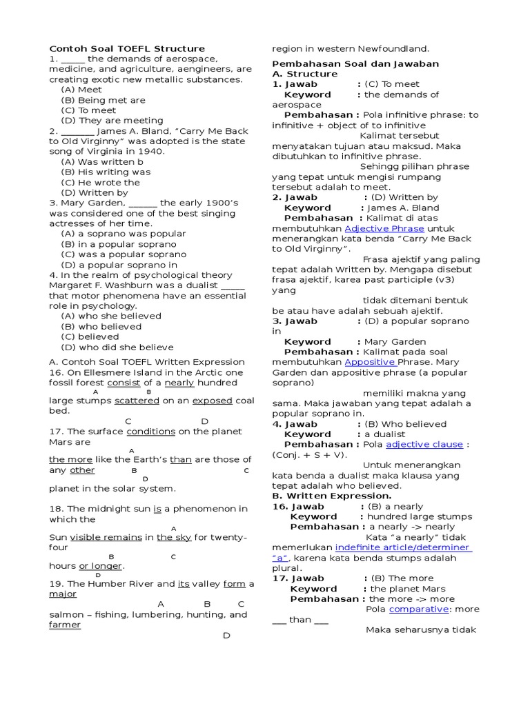 Analysis of a toefl structure and written expression practice test