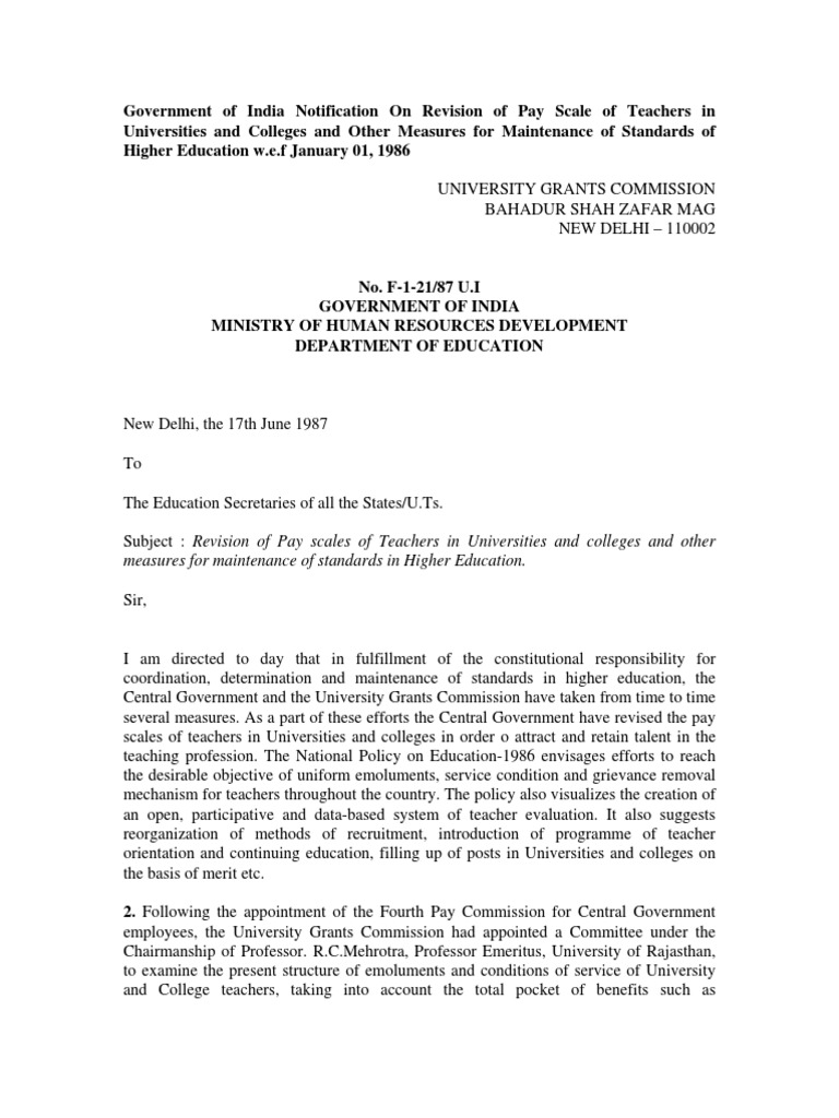 UGC Pay Scale Revision Notification 1986 | PDF | Lecturer | Doctor Of ...