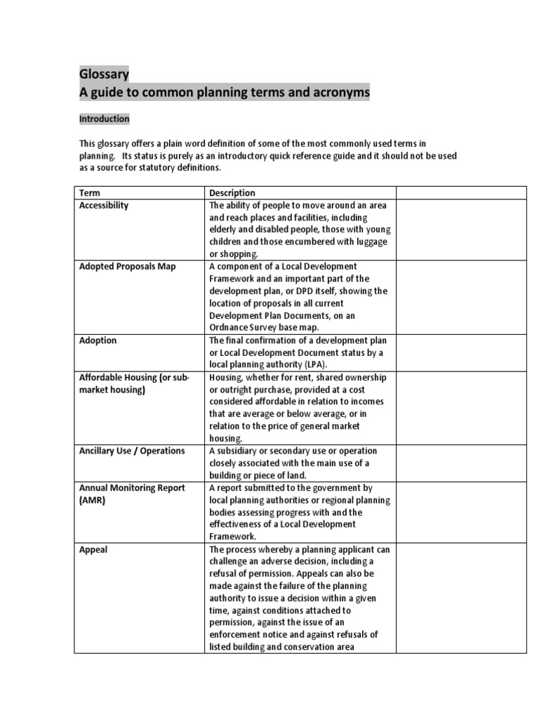 A Guide to Common Planning Terms Defining Key Concepts and Acronyms in