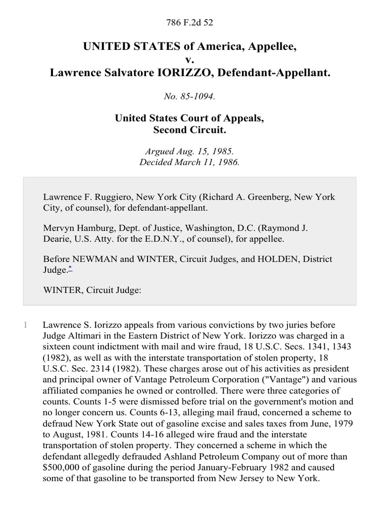 United States v. Lawrence Salvatore Iorizzo, 786 F.2d 52, 2d Cir. (1986