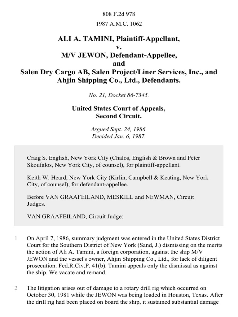 Ali A. Tamini v. M/V Jewon, and Salen Dry Cargo Ab, Salen Project/liner