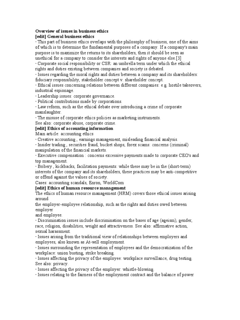 Overview of Issues in Business Ethics | PDF | Business Ethics ...