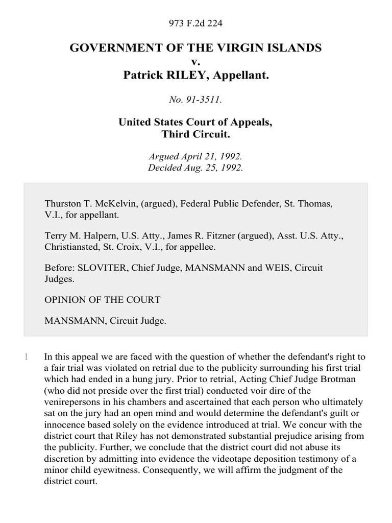 Government of The Virgin Islands v. Patrick Riley, 973 F.2d 224, 3rd ...