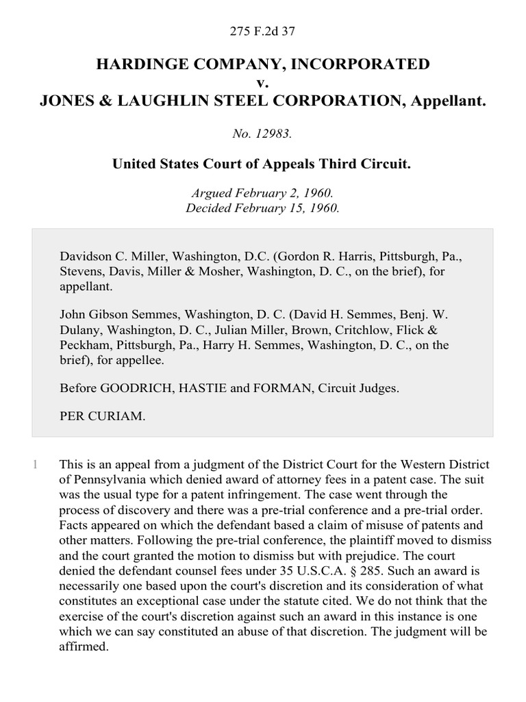 Hardinge Company, Incorporated v. Jones & Laughlin Steel Corporation