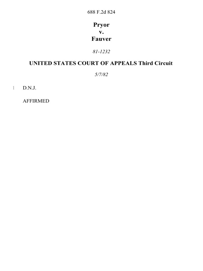 Pryor v. Fauver, 688 F.2d 824, 3rd Cir. (1982) | PDF