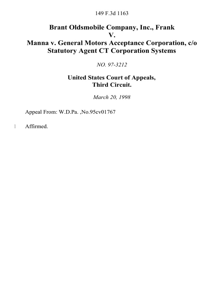 Brant Oldsmobile Company, Inc., Frank V. Manna v. General Motors