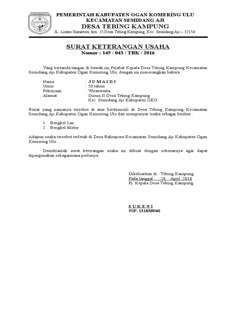 Surat Keterangan Usaha 