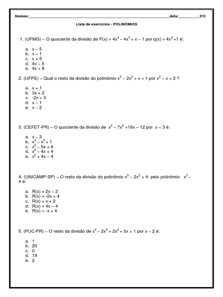 Exercícios de Divisão de Polinômios 8º Ano | PDF