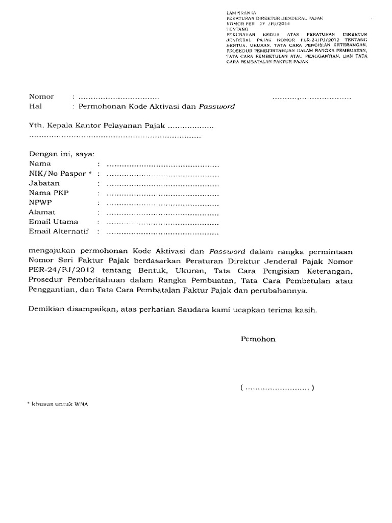 Surat Permohonan Kode Aktivasi Dan Password E Faktur - Contoh Seputar Surat