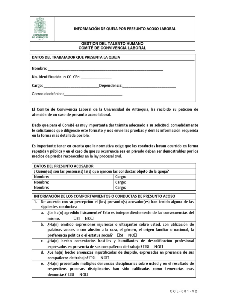 Formato Presentacion De Queja Por Presunto Acoso Laboral Pdf Pdf Comportamiento