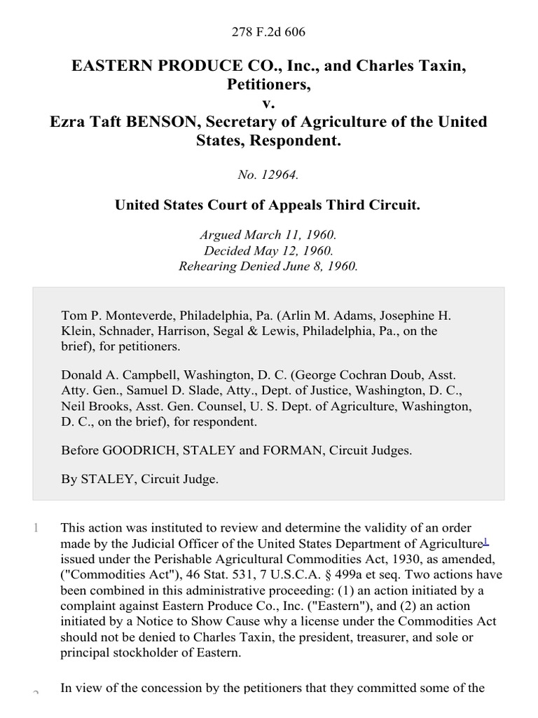 Eastern Produce Co., Inc., and Charles Taxin v. Ezra Taft Benson
