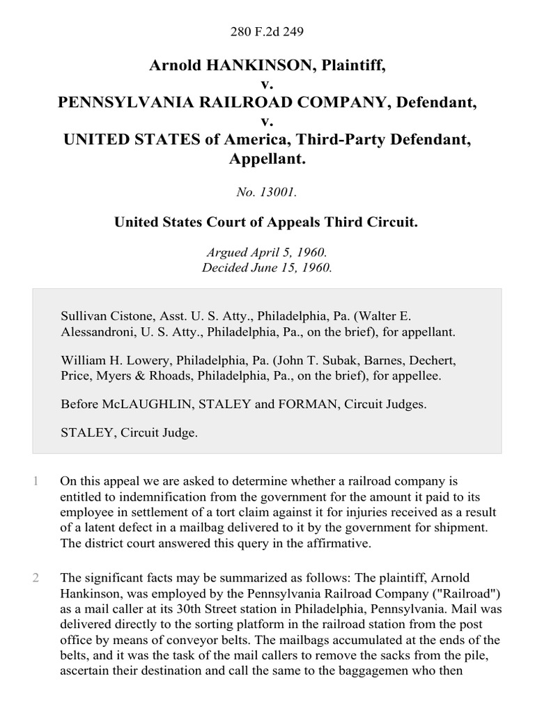 Arnold Hankinson v. Pennsylvania Railroad Company v. United States of