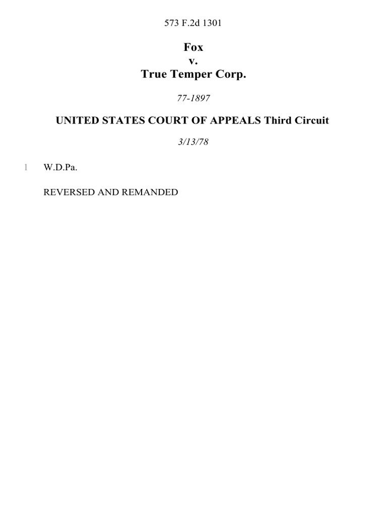 Fox v True Temper Corp 573 F 2d 1301 3rd Cir (1978) PDF Case