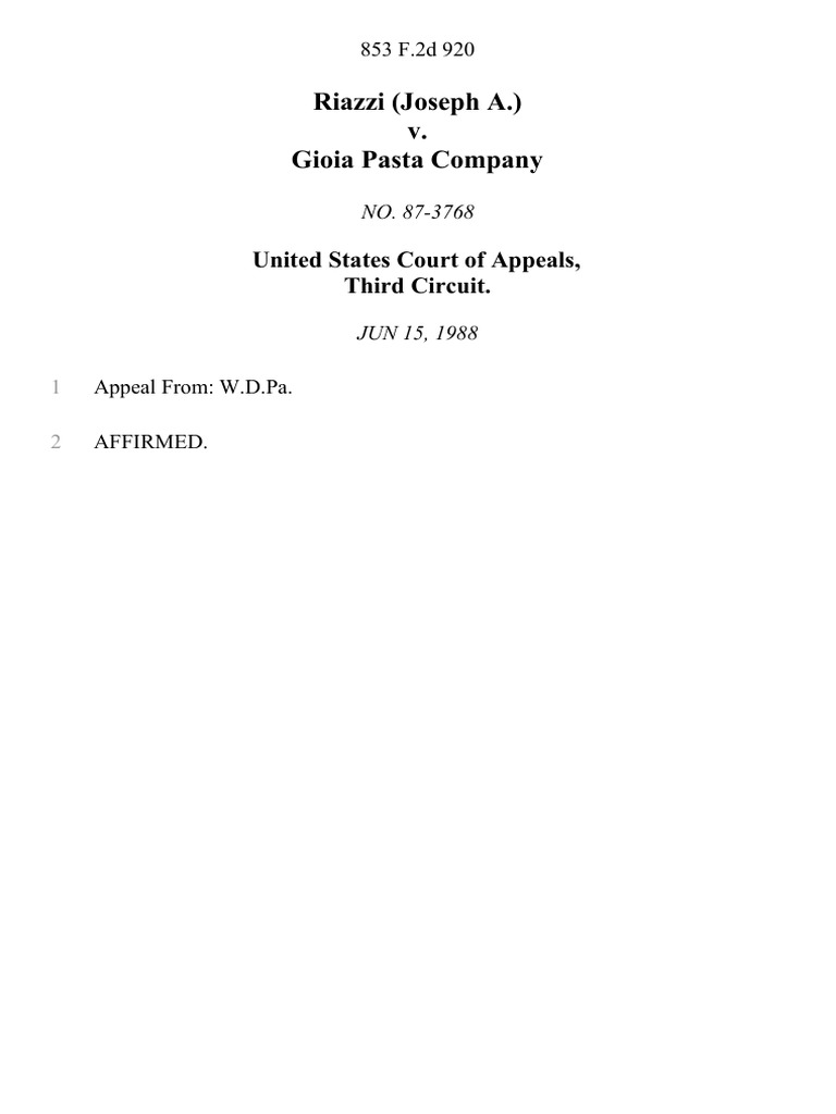 Riazzi (Joseph A.) v. Gioia Pasta Company, 853 F.2d 920, 3rd Cir. (1988
