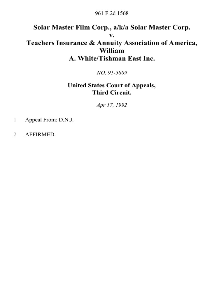 Solar Master Film Corp., A/k/a Solar Master Corp. v. Teachers Insurance