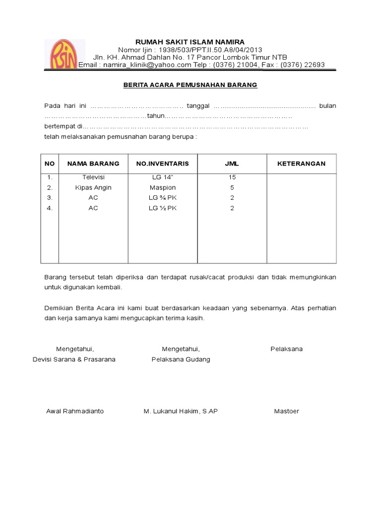 Berita Acara Pemusnahan Barang | PDF