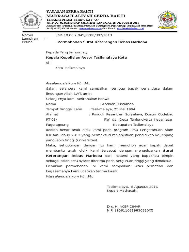 Contoh Surat Bebas Narkoba Dari Bnn