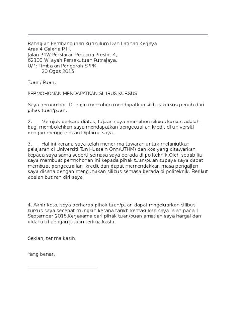 Surat Rasmi Memohon Silibus Kursus Pdf