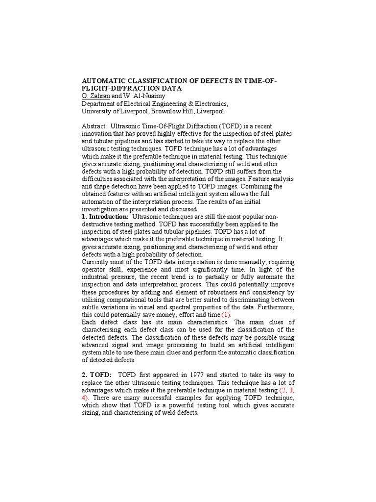 Automated TOFD Defect Classification | PDF | Technology & Engineering