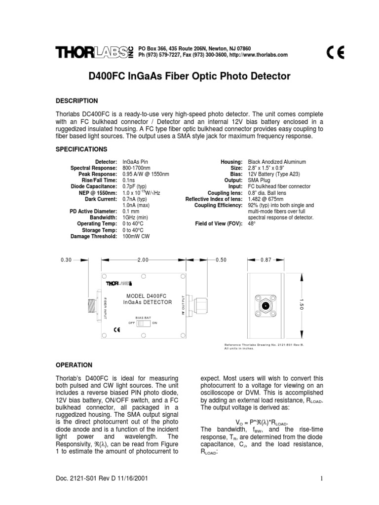 Specs & Manual 1GHz InGaAs Photodetector PDF PDF Electrical