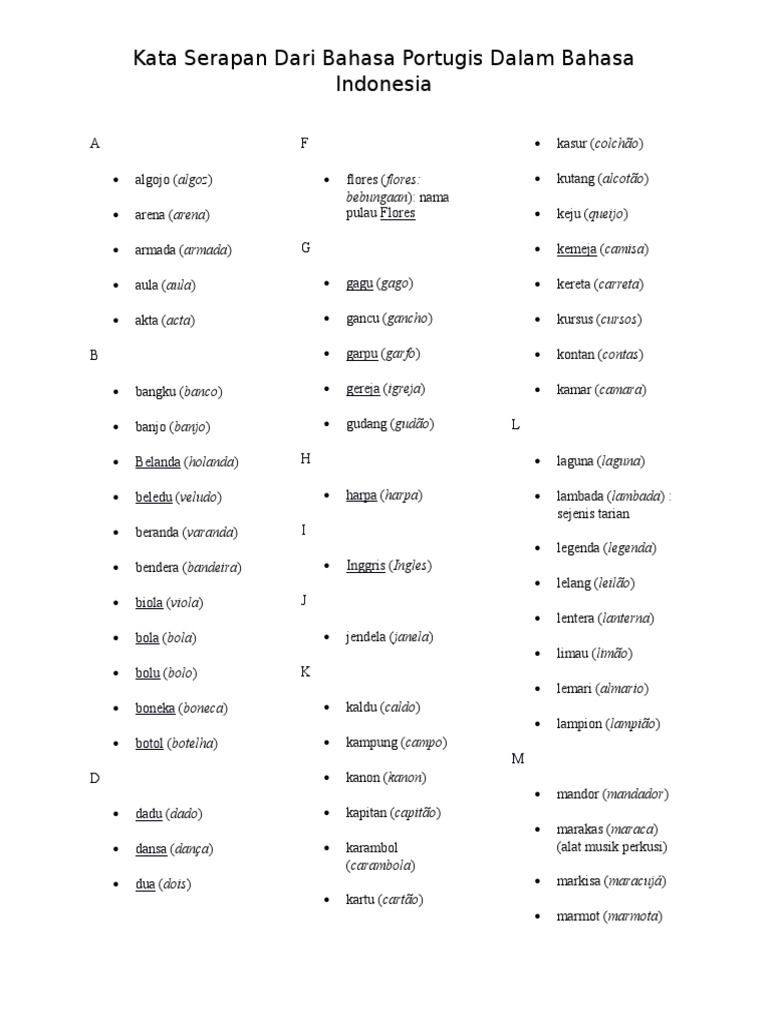 tuliskan 3 contoh kata serapan dari bahasa portugis