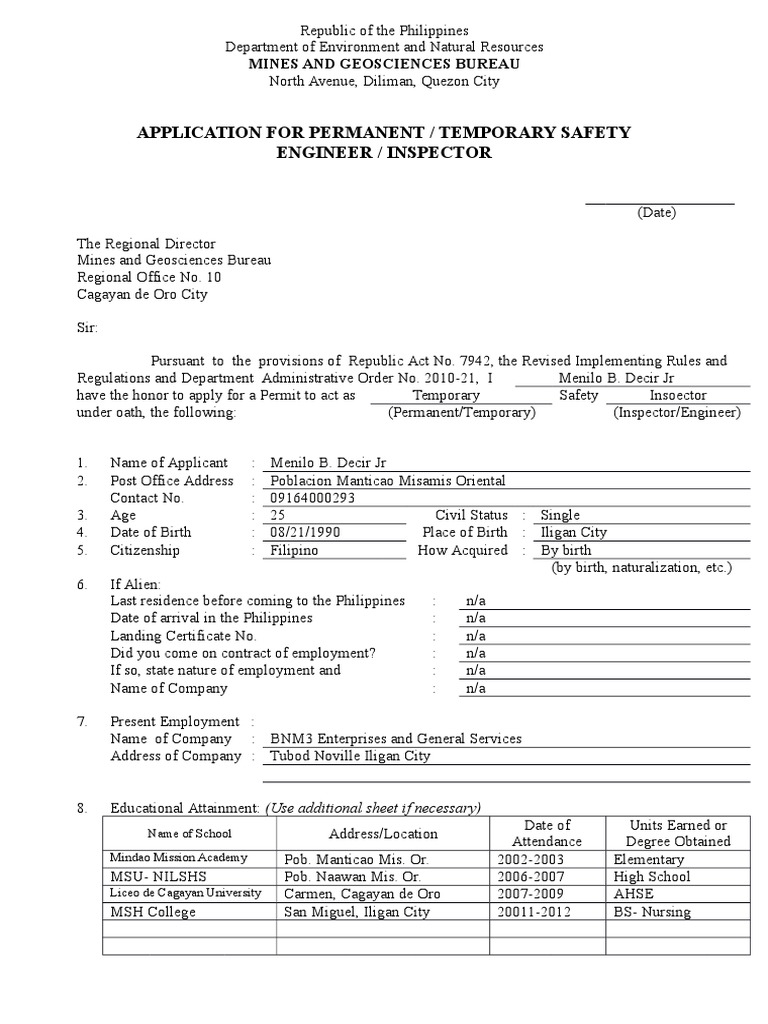 Safety Inspector and Engineer Application Form Rev. Notary Public