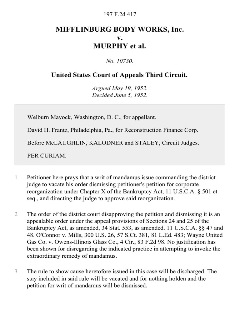 Mifflinburg Body Works, Inc. v. MURPHY Et Al. United States Court of