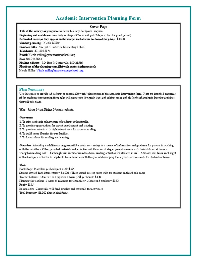 Summer Literacy Backpack Program Plan | PDF | Teachers | Literacy
